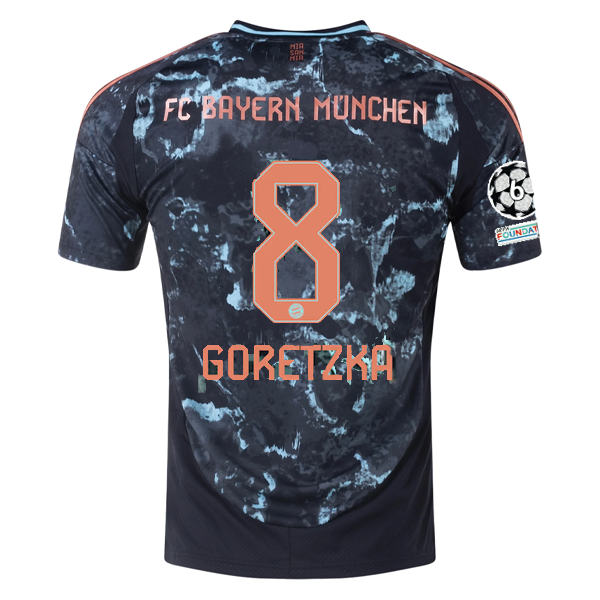 adidas Bayern Munich Leon Goretzka Away Jersey w/ Champions League Patches 24/25 (Black/Copper/Blue)