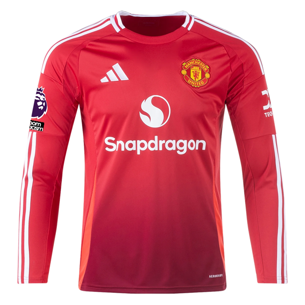 adidas Manchester United Kobbie Mainoo Long Sleeve Home Jersey w/ EPL + No Room For Racism Patches24/25 (Red)