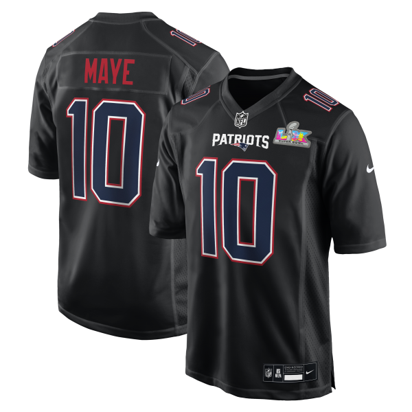 Men's New England Patriots Drake Maye Nike Black Super Bowl LX Patch Carbon Fashion Game Jersey