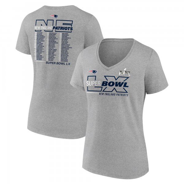 Women's New England Patriots  Fanatics Heather Gray Super Bowl LX Roster V-Neck T-Shirt