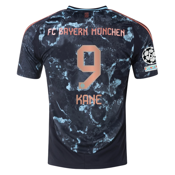 adidas Bayern Munich Harry Kane Away Jersey w/ Champions League Patches 24/25 (Black/Copper/Blue)