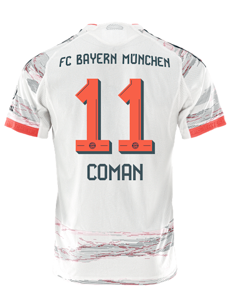 adidas Coman Away Jersey 25/26 w/ Sponsor + Meister Bundesliga Patch (White/Red)