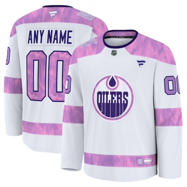 Men's Edmonton Oilers Fanatics White 2024 Hockey Fights Cancer Custom Practice Jersey