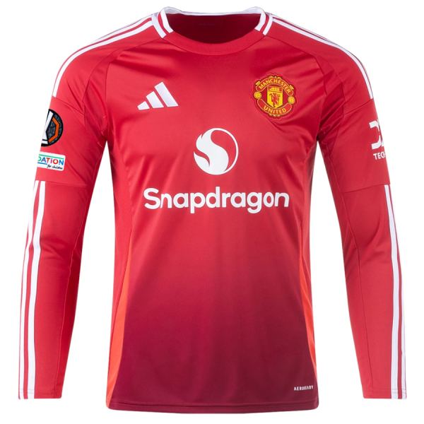 adidas Manchester United Kobbie Mainoo Long Sleeve Home Jersey w/ Europa League Patches 24/25 (Red)