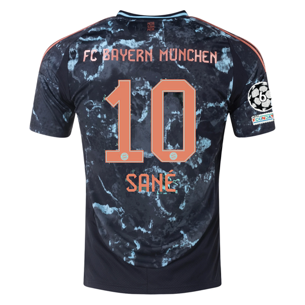 adidas Bayern Munich Leroy Sane Away Jersey w/ Champions League Patches 24/25 (Black/Copper/Blue)