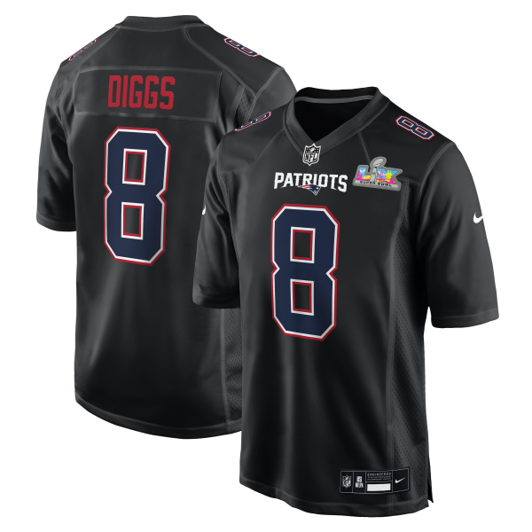 Men's New England Patriots Stefon Diggs Nike Black Super Bowl LX Patch Carbon Fashion Game Jersey